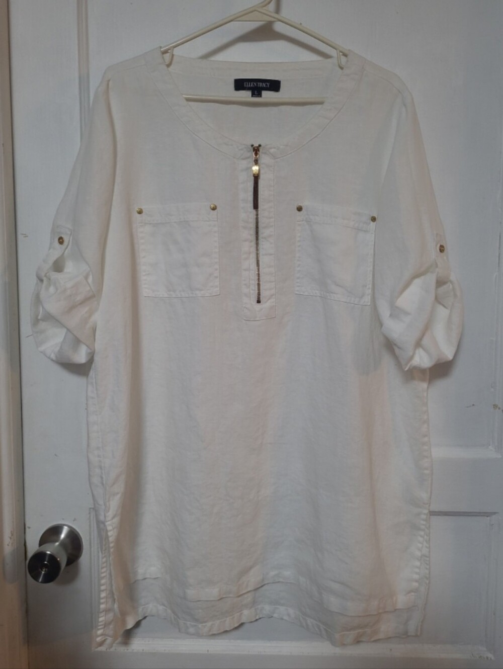 Ellen Tracy Linen White Zip Tunic with Chest Pockets Large